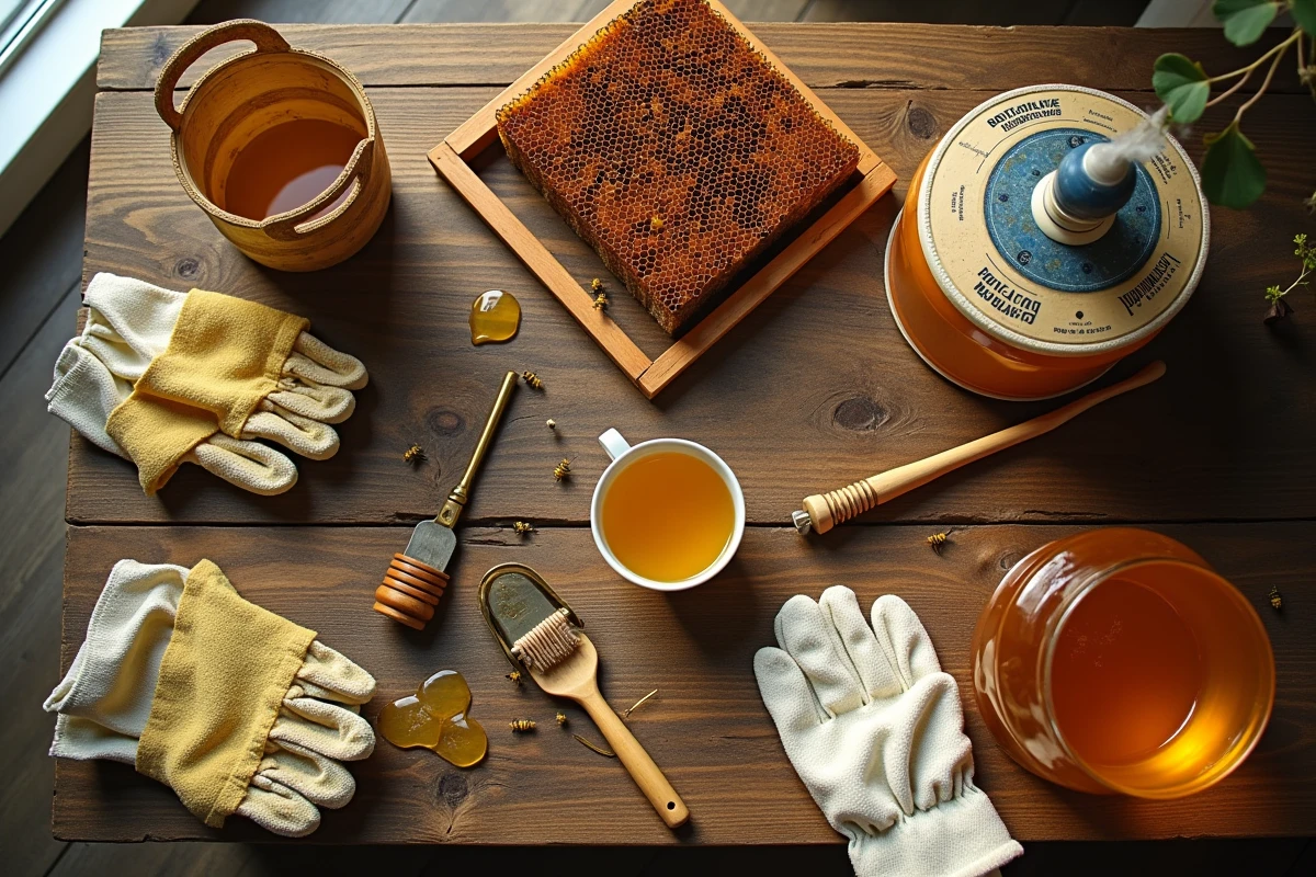 Outils et équipements essentiels pour débuter en apiculture sur une surface en bois