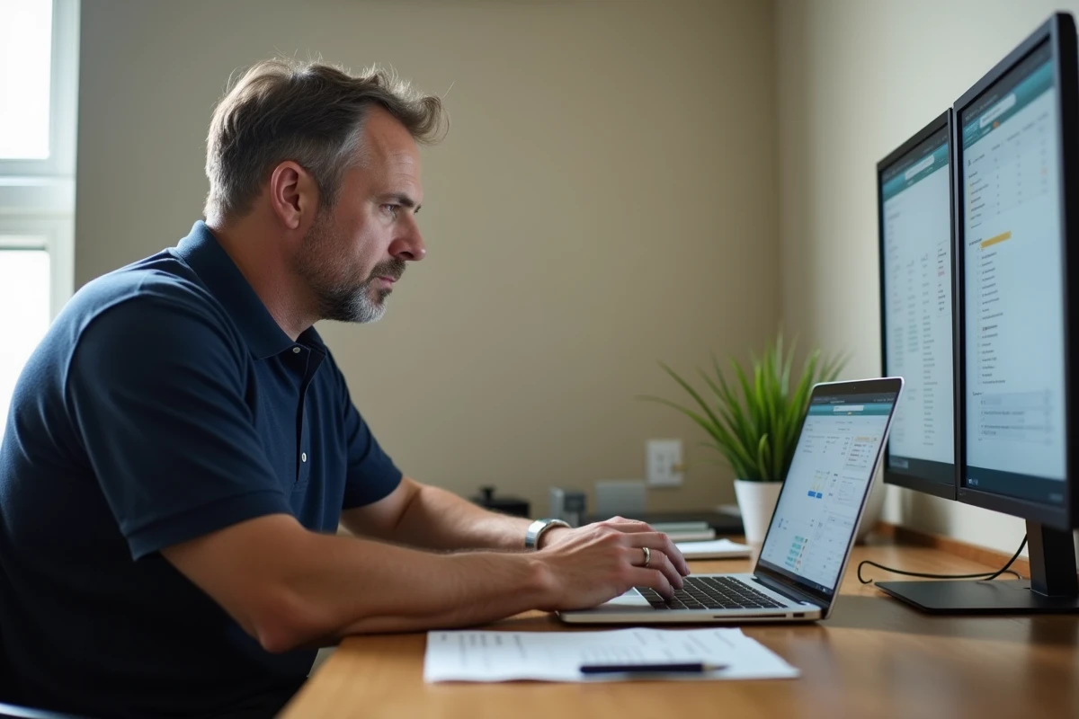 Gérant de petite entreprise comparant des logiciels comptables adaptés à la taille de sa PME