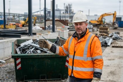 Ouvrier industriel en gilet de sécurité gérant les déchets avec une benne adaptée sur un chantier de construction
