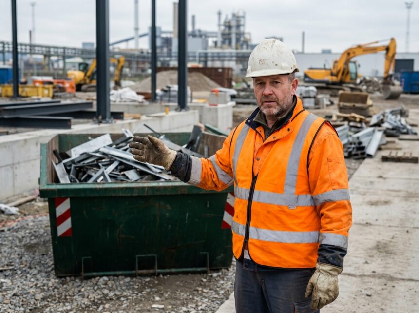 Ouvrier industriel en gilet de sécurité gérant les déchets avec une benne adaptée sur un chantier de construction