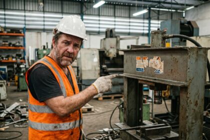 Ouvrier inspectant des machines mal marquées dans un atelier industriel, pointant l'absence d'étiquettes de sécurité, vêtu d'un gilet de sécurité et d'un casque jaune