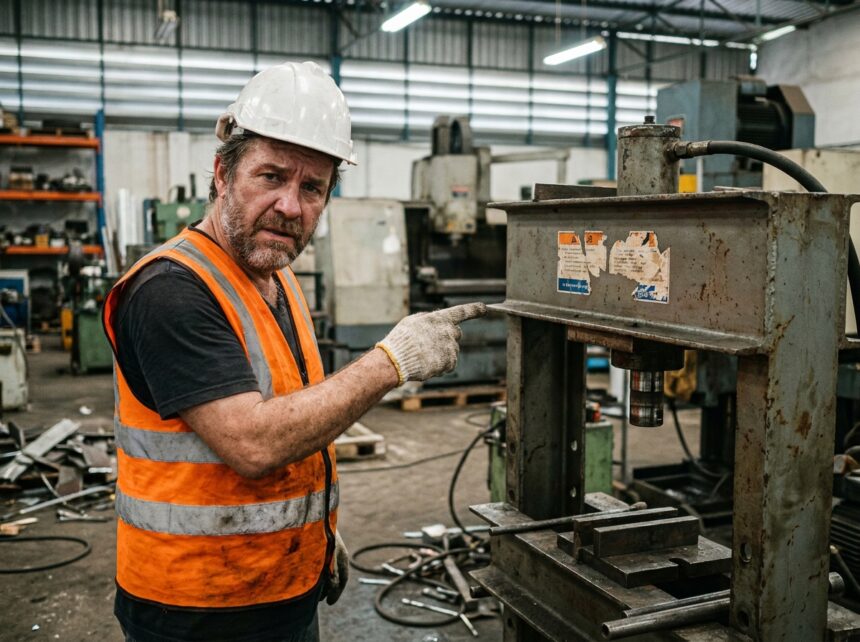 Ouvrier inspectant des machines mal marquées dans un atelier industriel, pointant l'absence d'étiquettes de sécurité, vêtu d'un gilet de sécurité et d'un casque jaune
