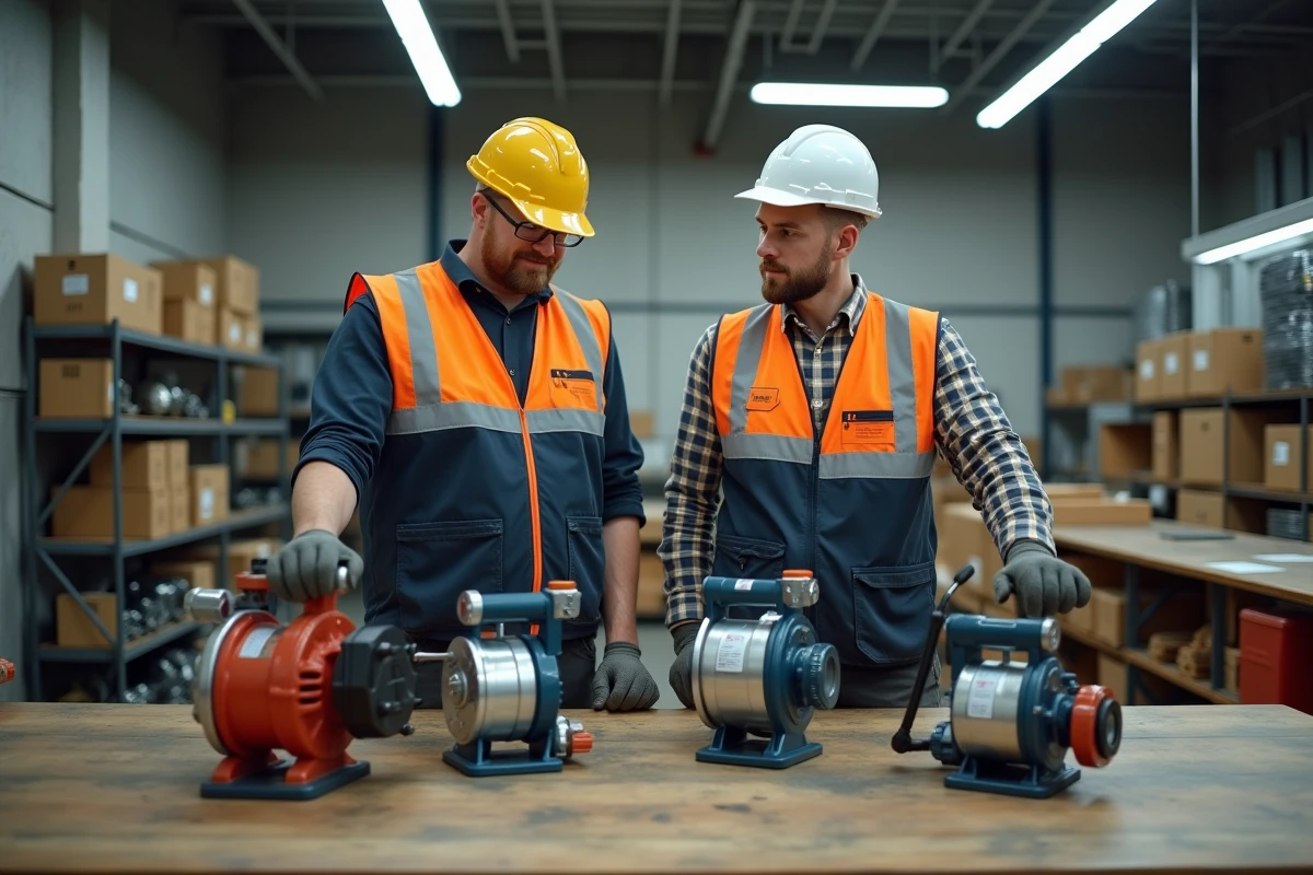 Deux ouvriers comparant des modèles de pompe haute pression dans un magasin d'équipements professionnels