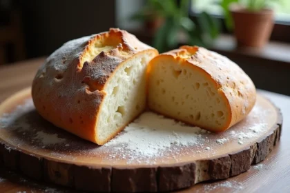 Pain au levain artisanal fraîchement cuit avec croûte dorée et mie alvéolée