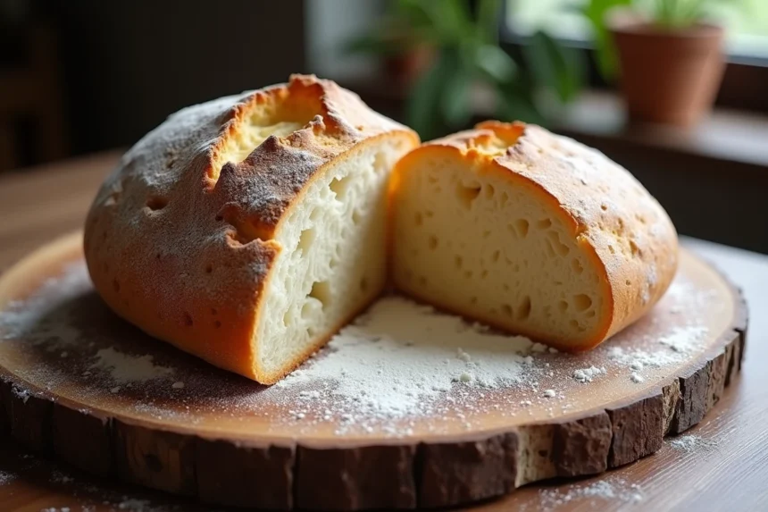 Pain au levain artisanal fraîchement cuit avec croûte dorée et mie alvéolée