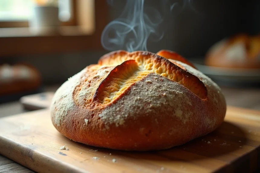 Pain au levain maison avec croûte dorée croustillante et entailles en croix