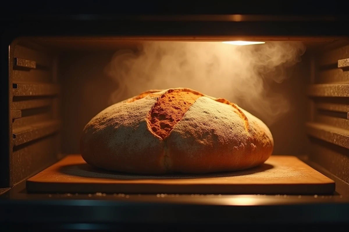 Pain au levain en cuisson au four avec vapeur et croûte dorée en formation