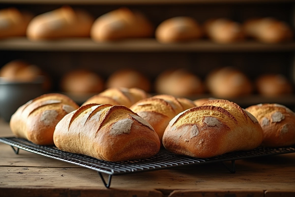Plusieurs pains au levain artisanaux refroidissant sur grille de boulangerie