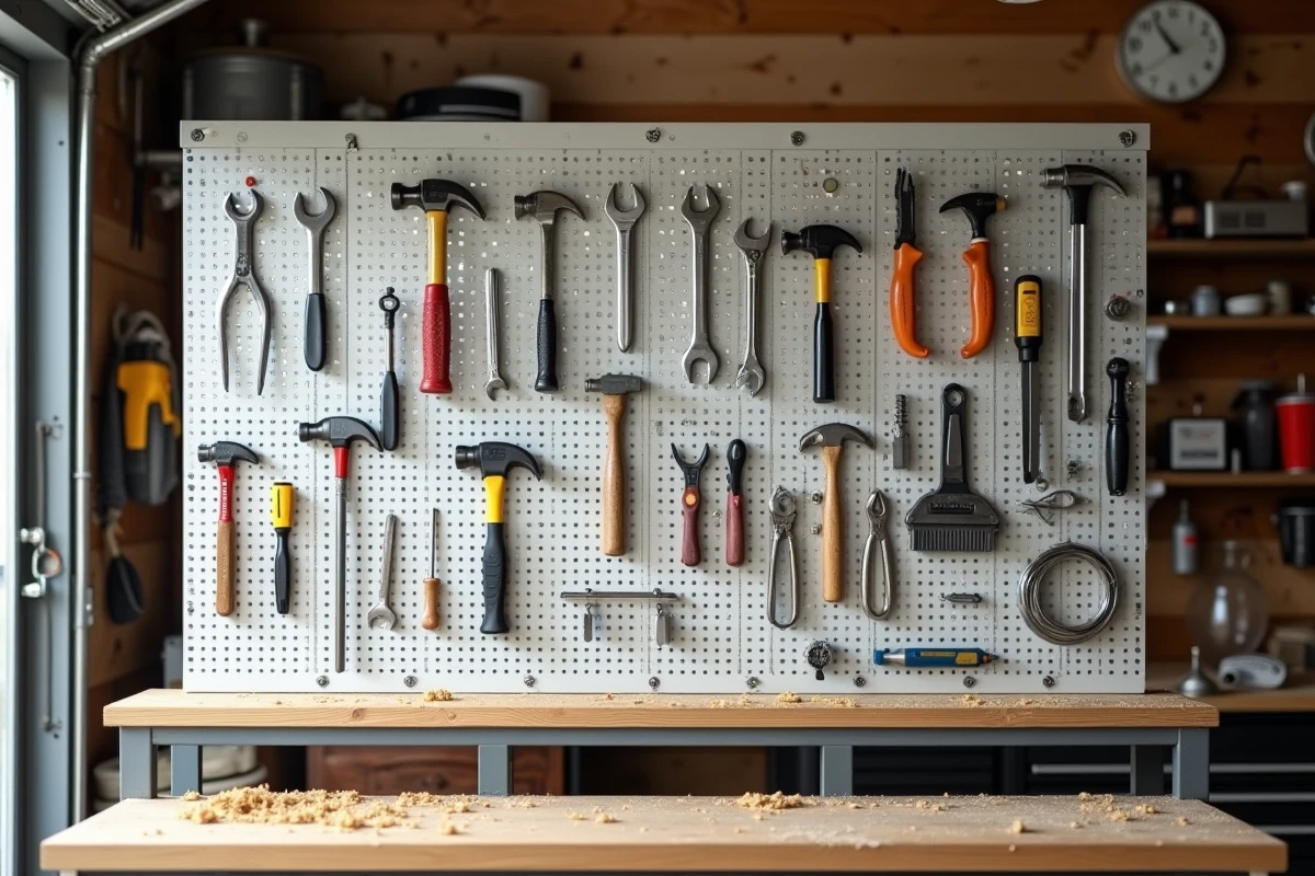 Panneau perforé fixé au mur d'un garage avec des outils à main suspendus sur des crochets métalliques, au-dessus d'un établi en bois