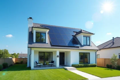 Panneaux solaires photovoltaïques installés sur le toit d'une maison moderne avec ciel bleu dégagé