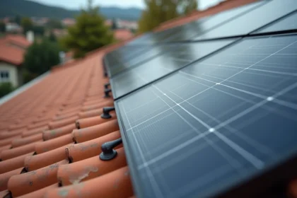 Panneaux solaires photovoltaïques installés sur le toit d'une maison résidentielle avec tuiles en terre cuite