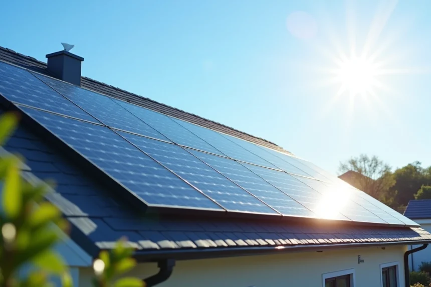 Panneaux solaires photovoltaïques installés sur le toit d'une maison moderne en journée ensoleillée