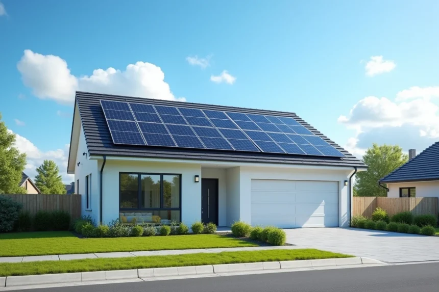 Maison moderne avec panneaux solaires photovoltaïques installés sur le toit par une belle journée ensoleillée