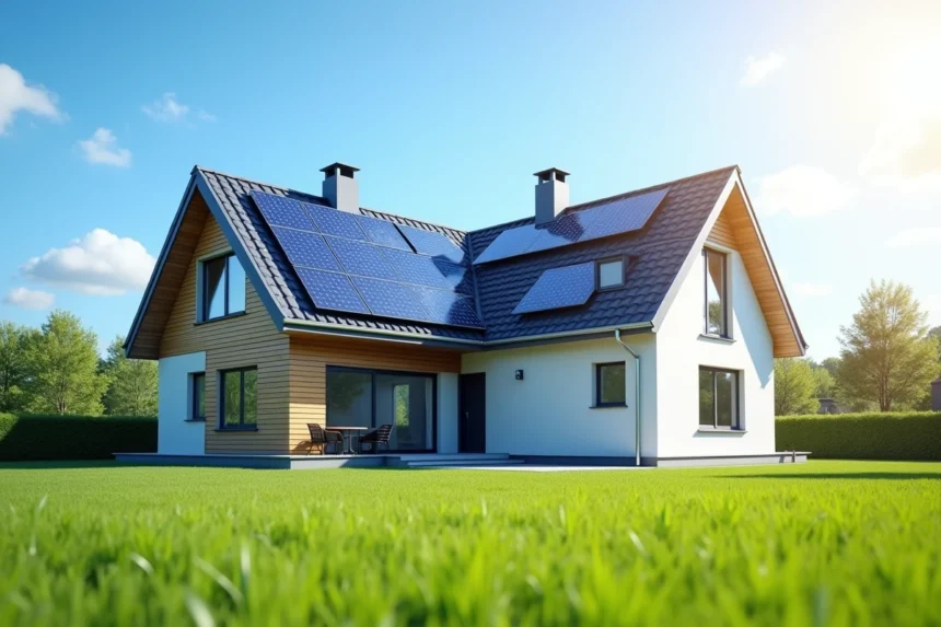 Panneaux solaires photovoltaïques installés sur le toit d'une maison résidentielle moderne