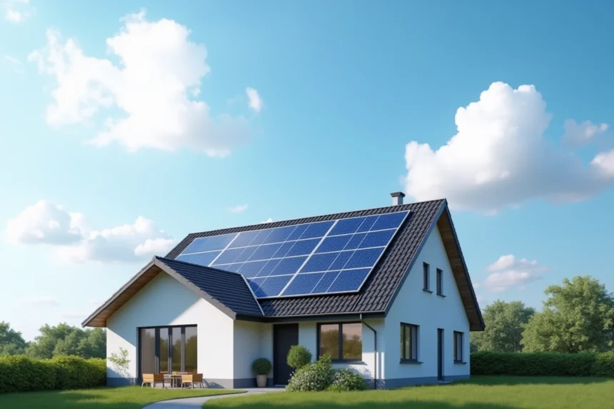 Maison avec panneaux solaires photovoltaïques installés sur le toit par temps ensoleillé