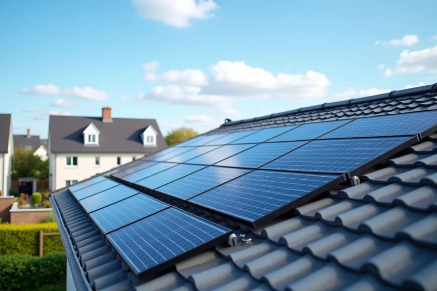 Panneaux solaires photovoltaïques installés sur le toit d'une maison résidentielle moderne