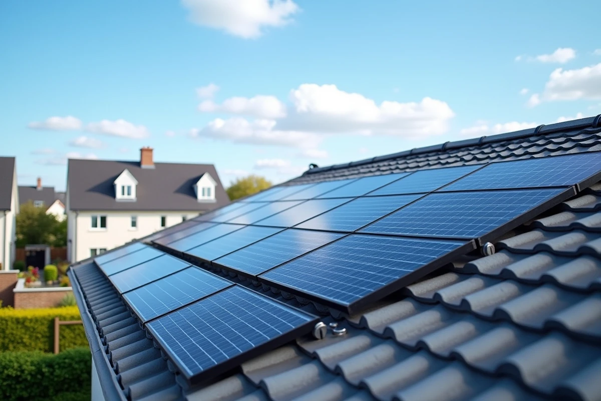 Panneaux solaires photovoltaïques installés sur le toit d'une maison résidentielle moderne