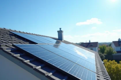 Panneaux solaires photovoltaïques installés sur le toit d'une maison résidentielle avec ciel bleu dégagé