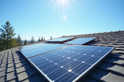 Panneaux solaires photovoltaïques installés sur le toit d'une maison résidentielle moderne par une journée ensoleillée