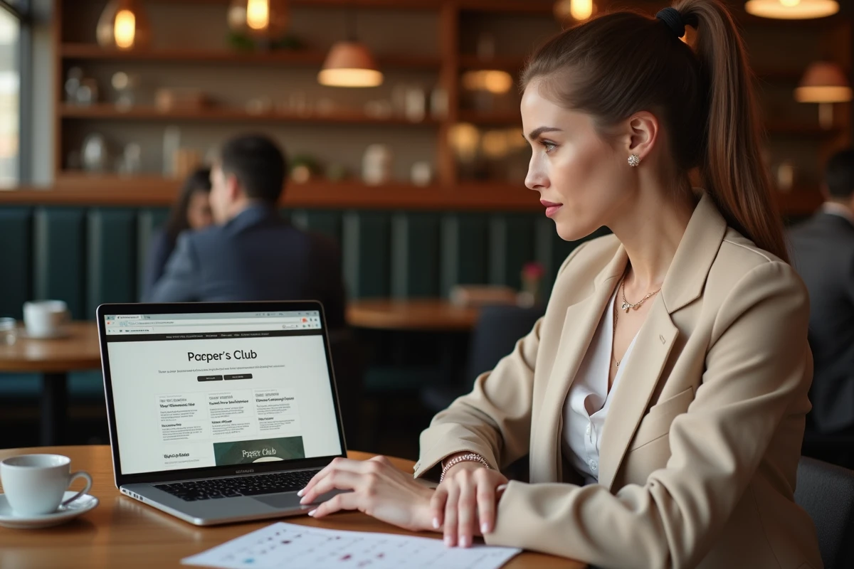 Stratège contenu utilisant Paper Club pour publier des articles SEO dans un café moderne
