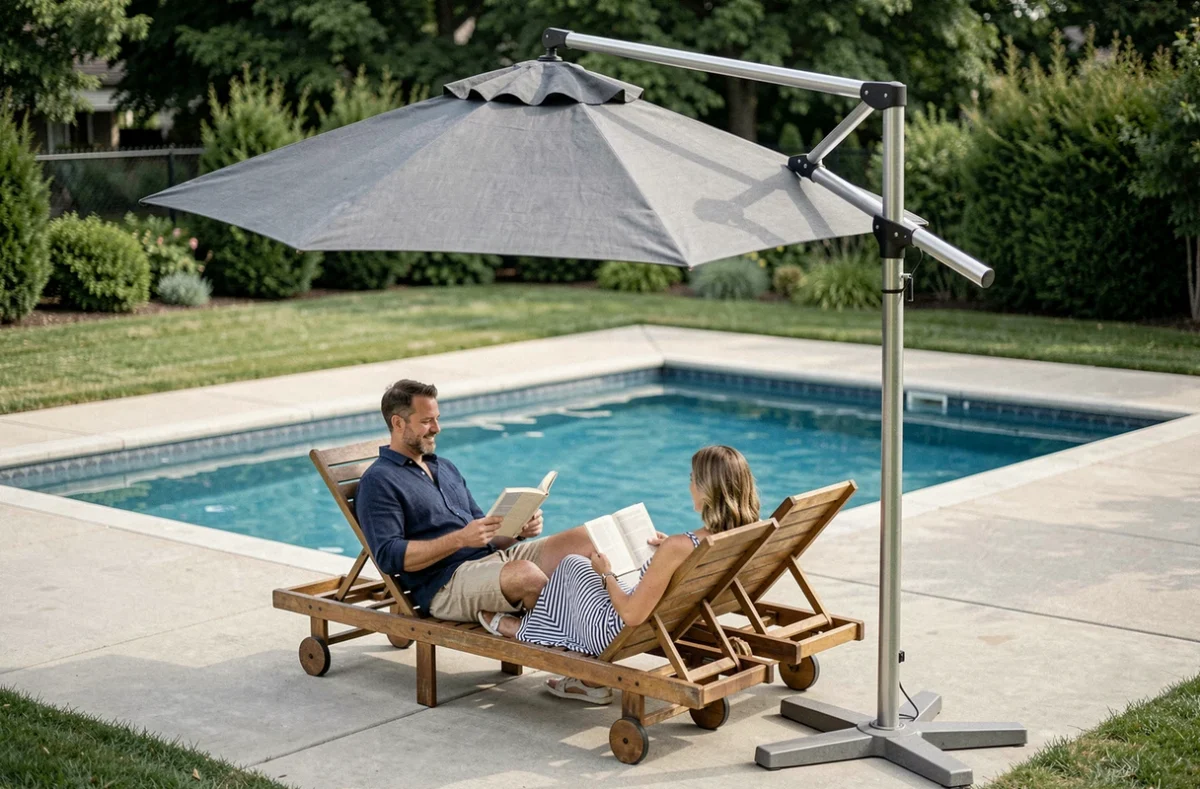 Couple se relaxant sous un parasol déporté gris anthracite au bord d'une piscine résidentielle