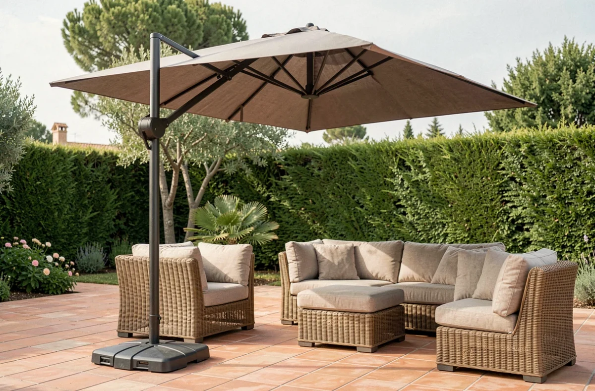Parasol déporté taupe sur terrasse méditerranéenne avec mobilier en rotin et dalles en terre cuite