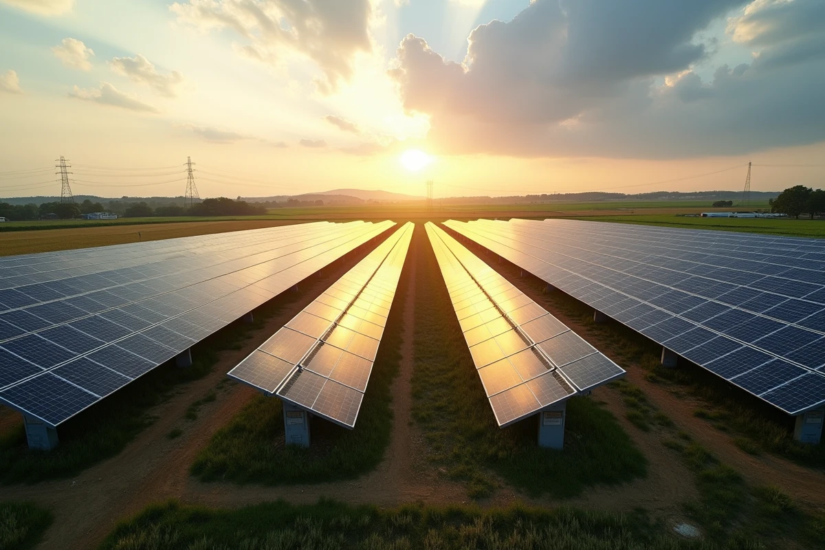 Vaste parc solaire industriel en zone rurale montrant la capacité de production d'énergie renouvelable à grande échelle