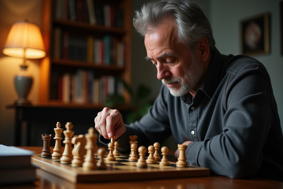 Passionné d'échecs étudiant seul sur un jeu d'échecs électronique dans son bureau à domicile