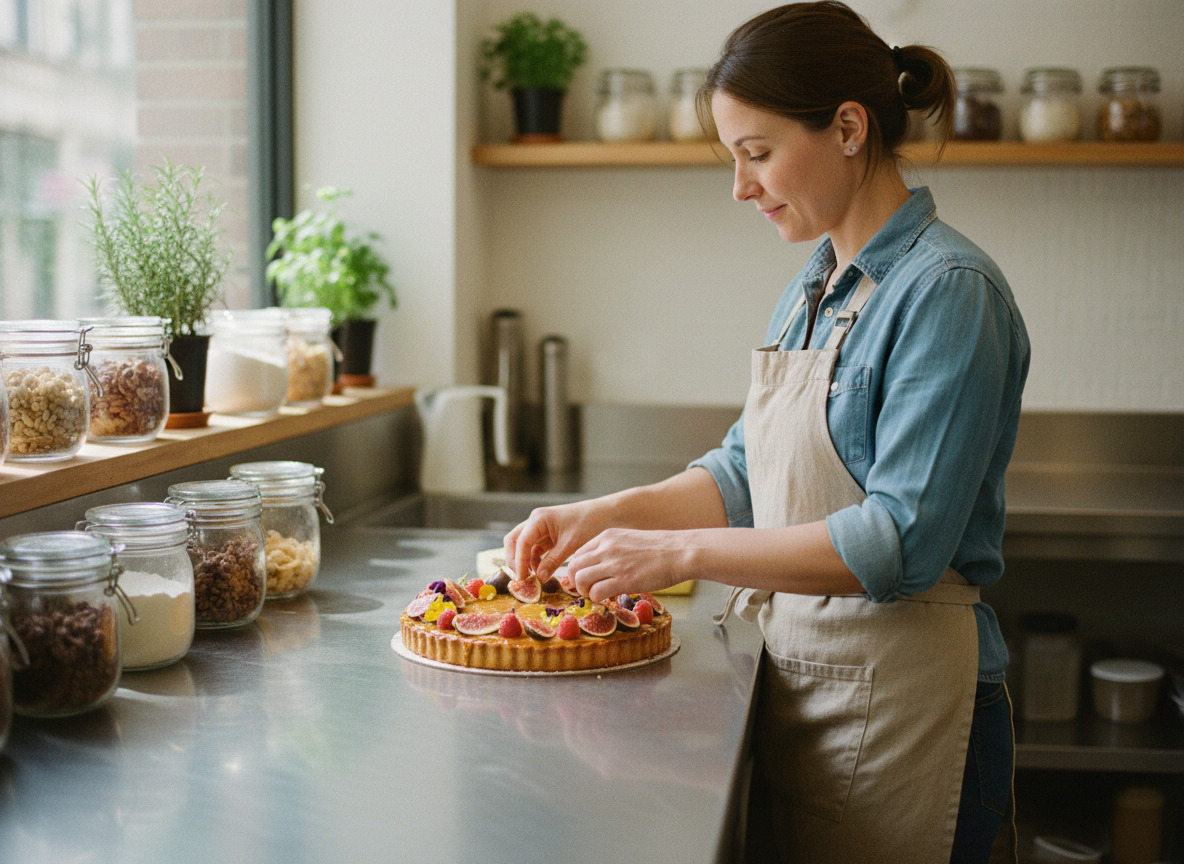 Jeune cheffe pâtissière décorant une pâtisserie sans gluten