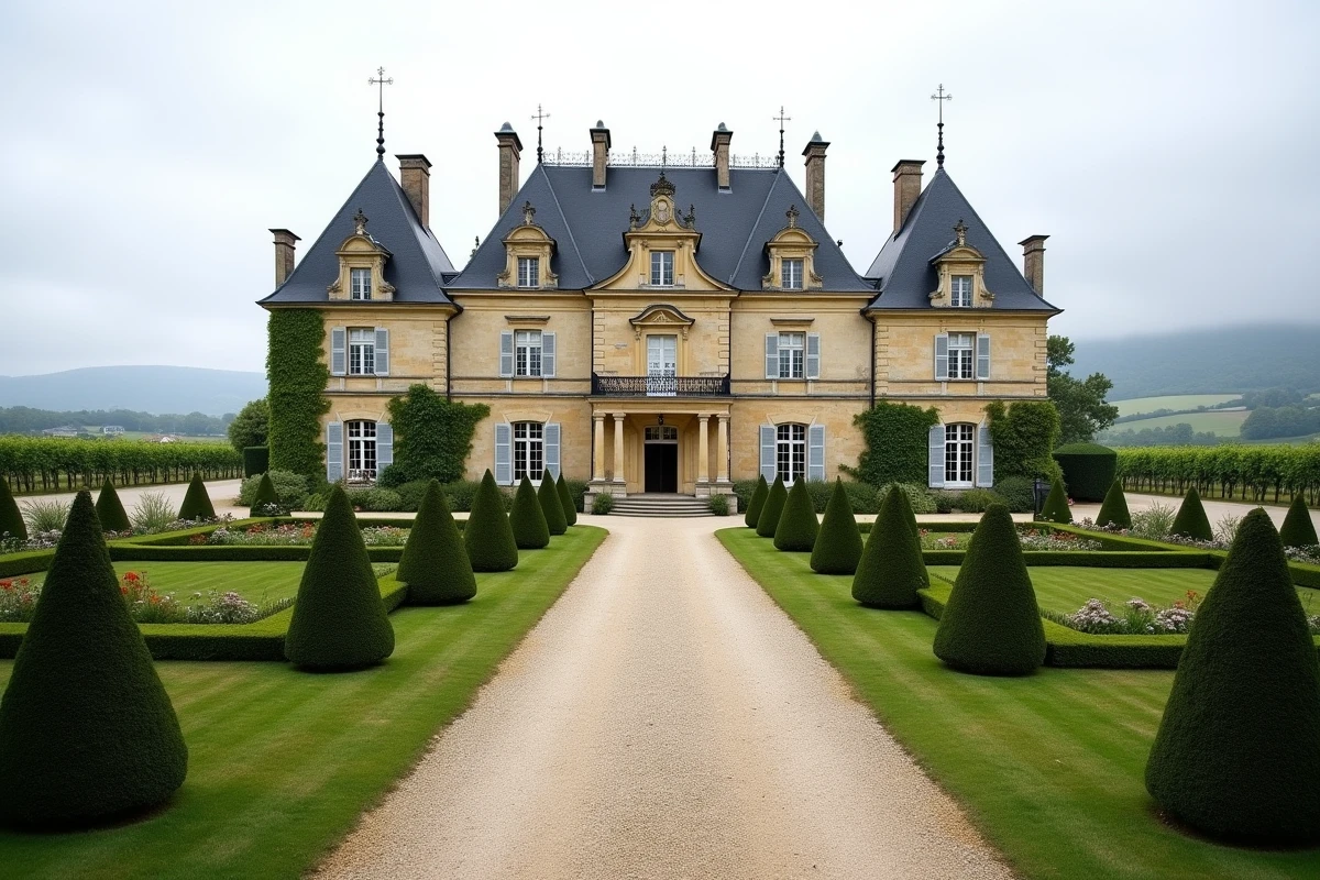 Château français avec jardins à la française et vignobles, représentant le patrimoine immobilier attractif de la France
