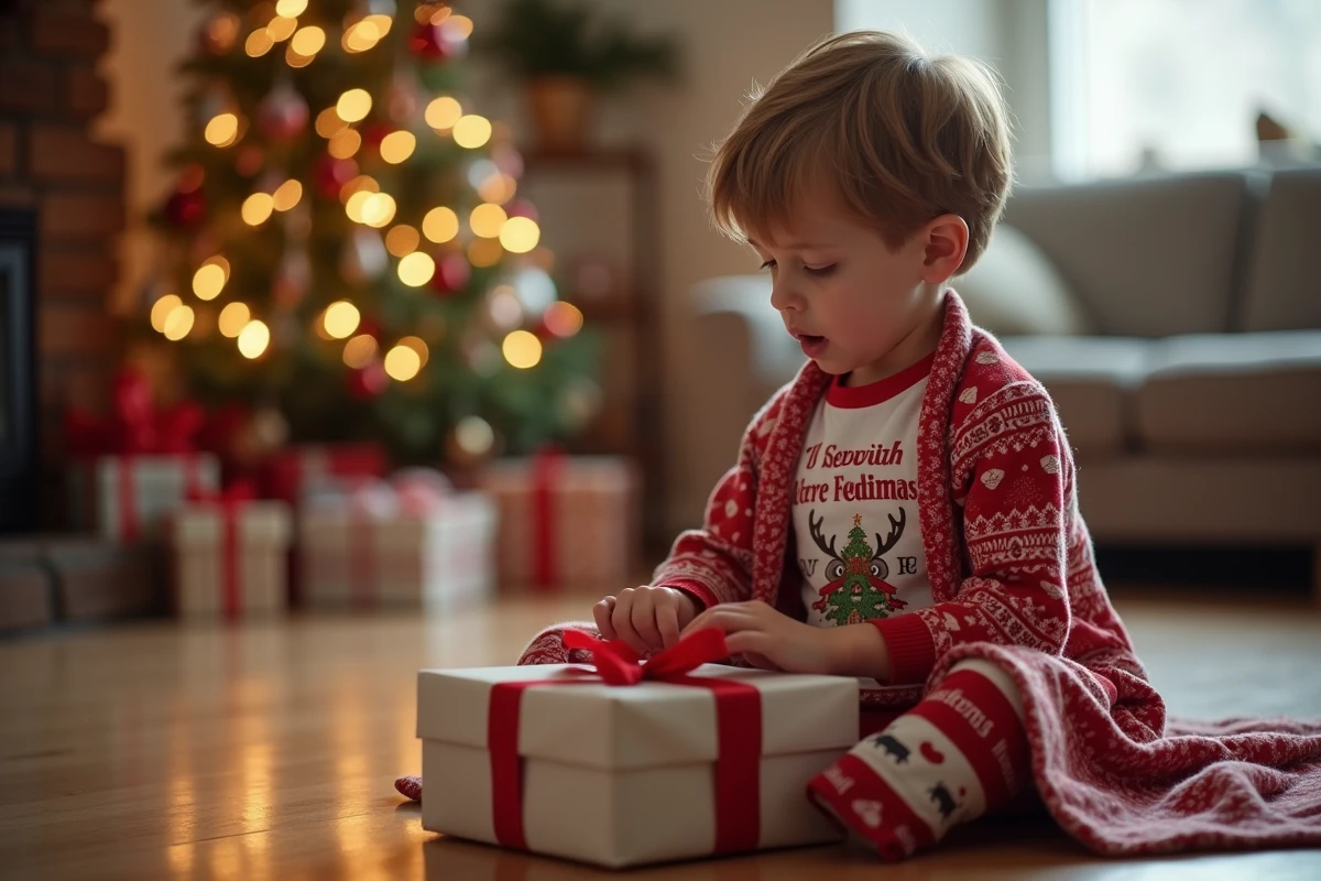 enfant garçon découvrant un peignoir personnalisé cadeau de Noël avec son prénom brodé