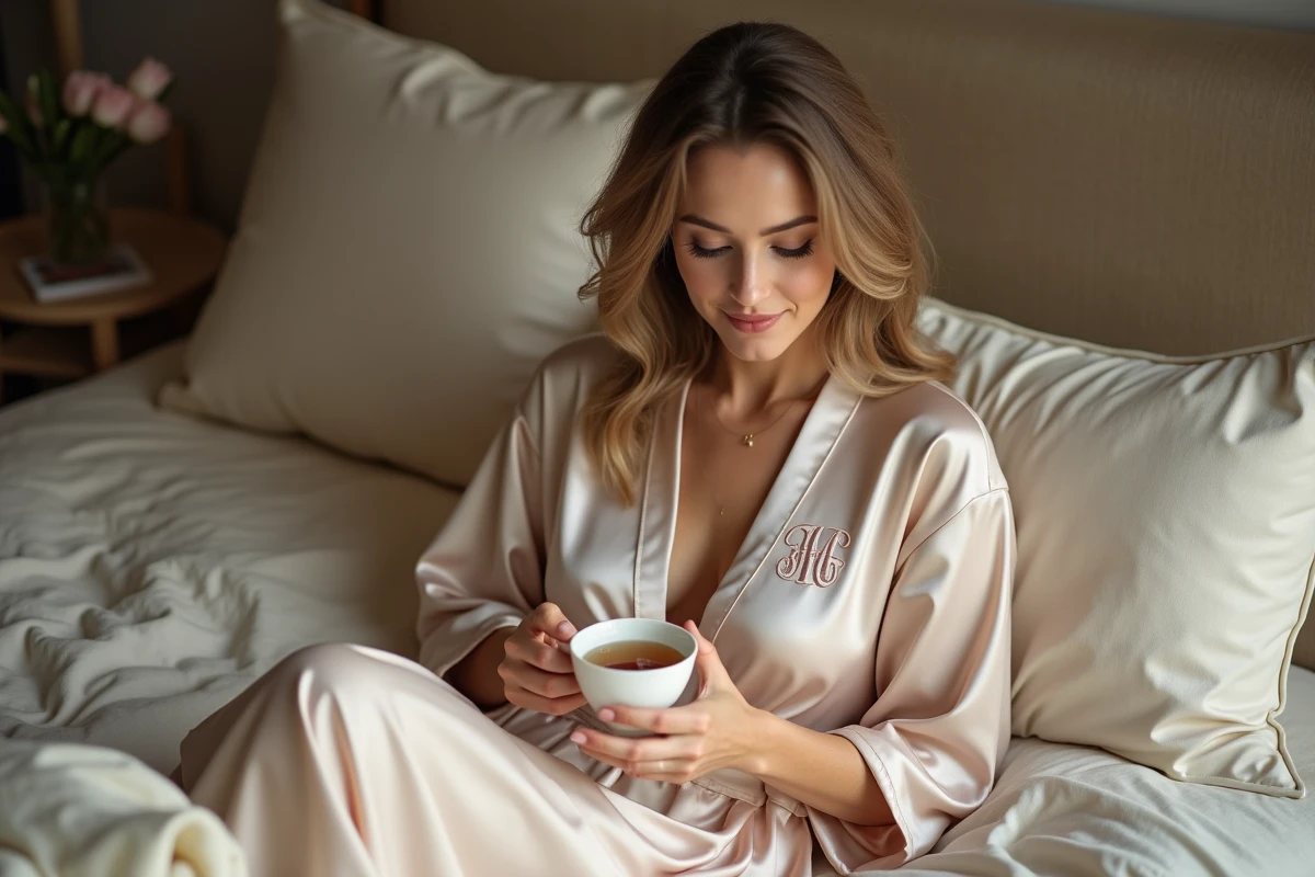Femme adulte dans un peignoir personnalisé de luxe avec broderie monogramme assise sur un lit