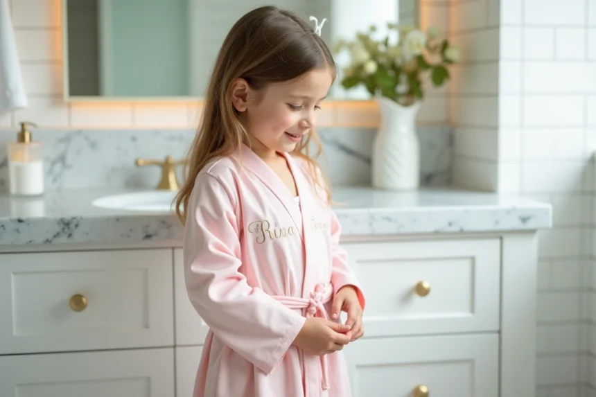 Fillette portant un peignoir personnalisé pour enfant avec broderie du prénom dans une salle de bain moderne