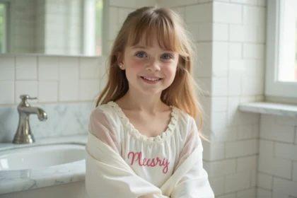 petite fille portant un peignoir personnalisé avec son prénom brodé dans une salle de bain lumineuse