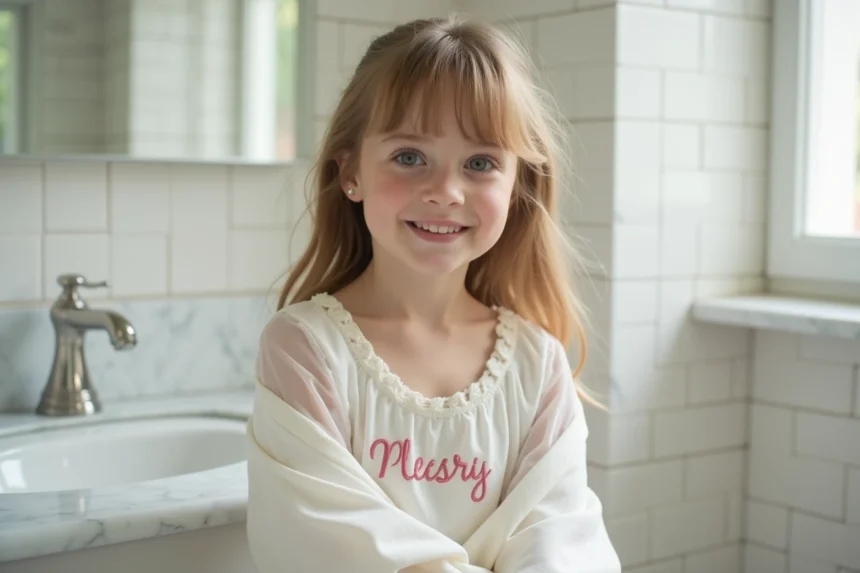 petite fille portant un peignoir personnalisé avec son prénom brodé dans une salle de bain lumineuse