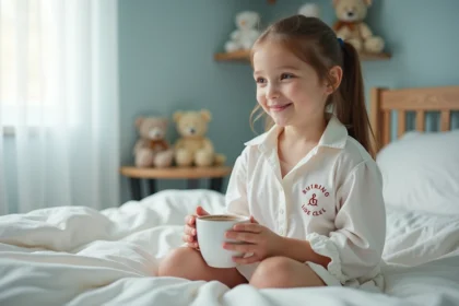 petite fille portant un peignoir personnalisé avec initiales brodées, assise sur son lit avec une tasse de chocolat chaud