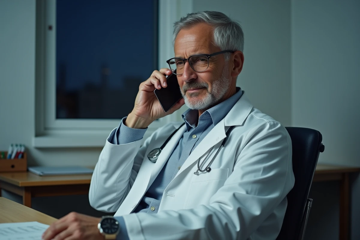 Médecin en permanence téléphonique nocturne, parlant avec un patient depuis son bureau, assurant une continuité de soins après les horaires