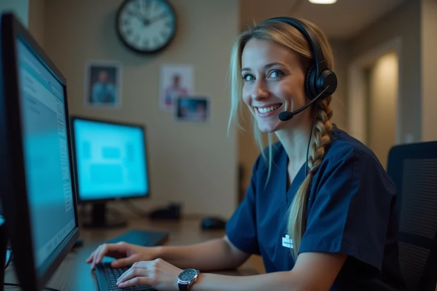 Réceptionniste médicale en service de permanence téléphonique le soir, avec casque audio et expression rassurante au bureau du cabinet