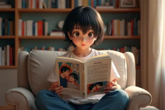Jeune adulte lisant un volume de manga yaoi en français dans une chambre confortable avec bibliothèque de manga en arrière-plan