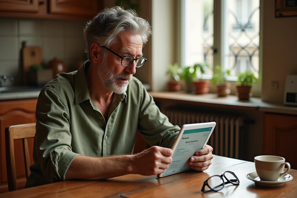 Homme d'âge mûr utilisant l'application Petit Bambou en français sur une tablette dans un appartement parisien