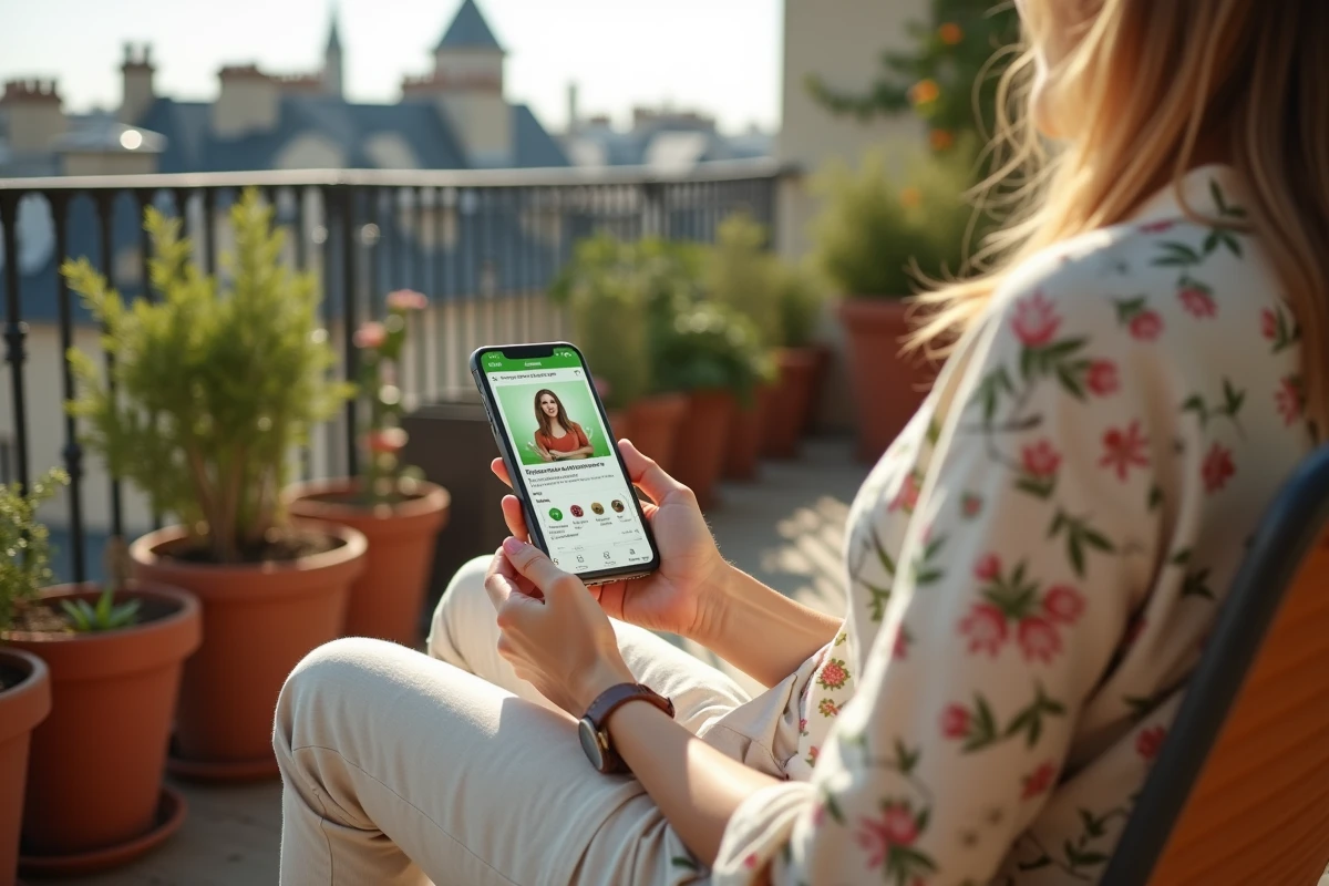 Femme sur une terrasse utilisant l'application Petit Bambou en français sur son smartphone