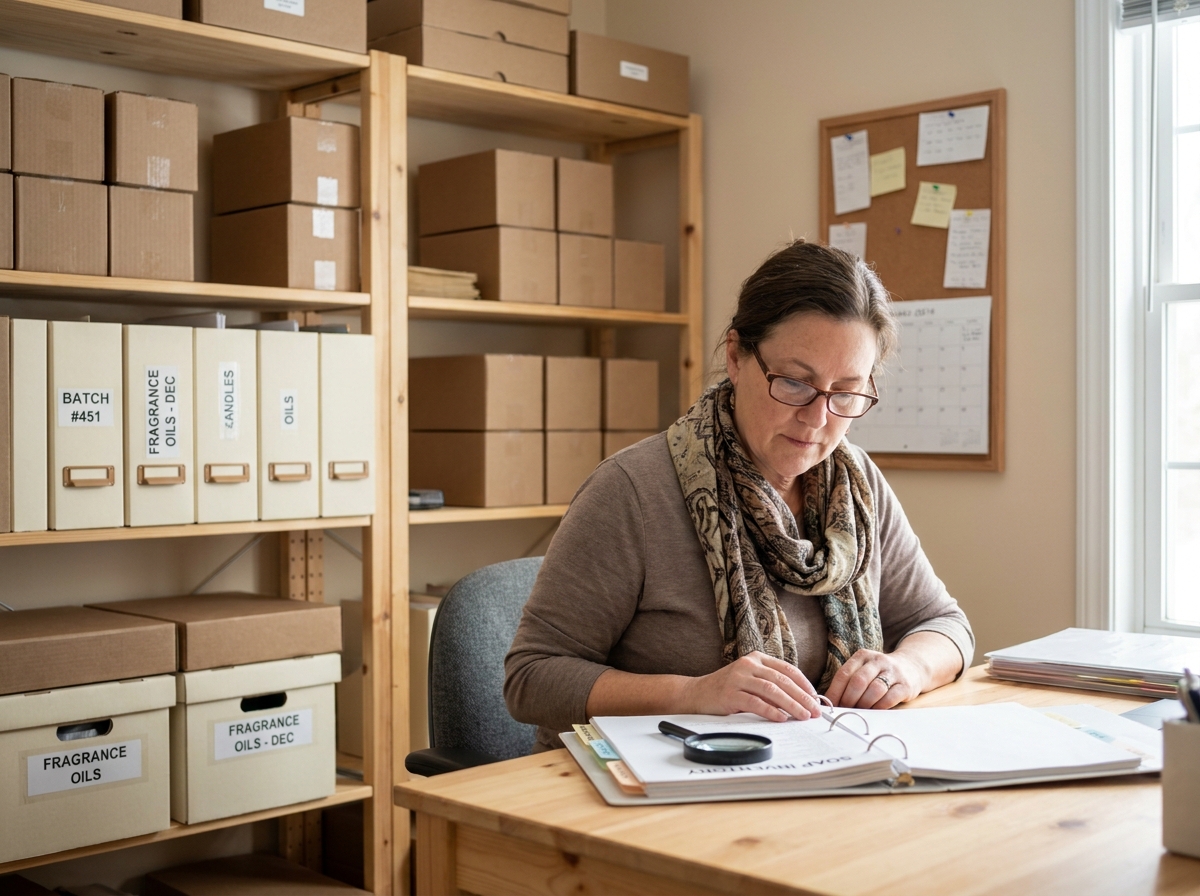 Propriétaire de petite entreprise gérant l'inventaire avec des étiquettes adhésives organisées, montrant comment les labels facilitent la gestion administrative