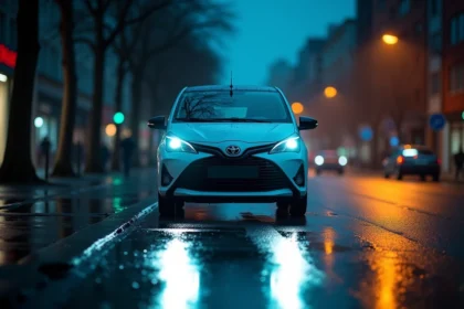 Phares de voiture citadine éclairant une route mouillée la nuit en ville