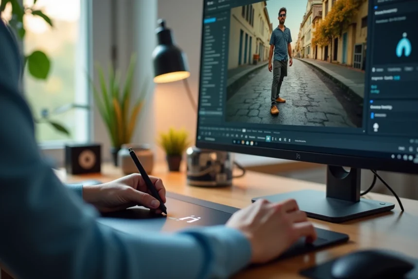 Designer retouchant une photo sur ordinateur avec un logiciel de retouche gratuit