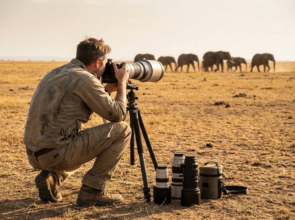 Photographe animalier professionnel avec téléobjectif observant un troupeau d'éléphants sur la savane