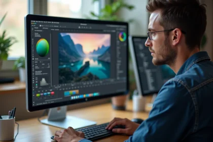 Photographe professionnel retouchant des images avec un logiciel de retouche photo gratuit sur son ordinateur