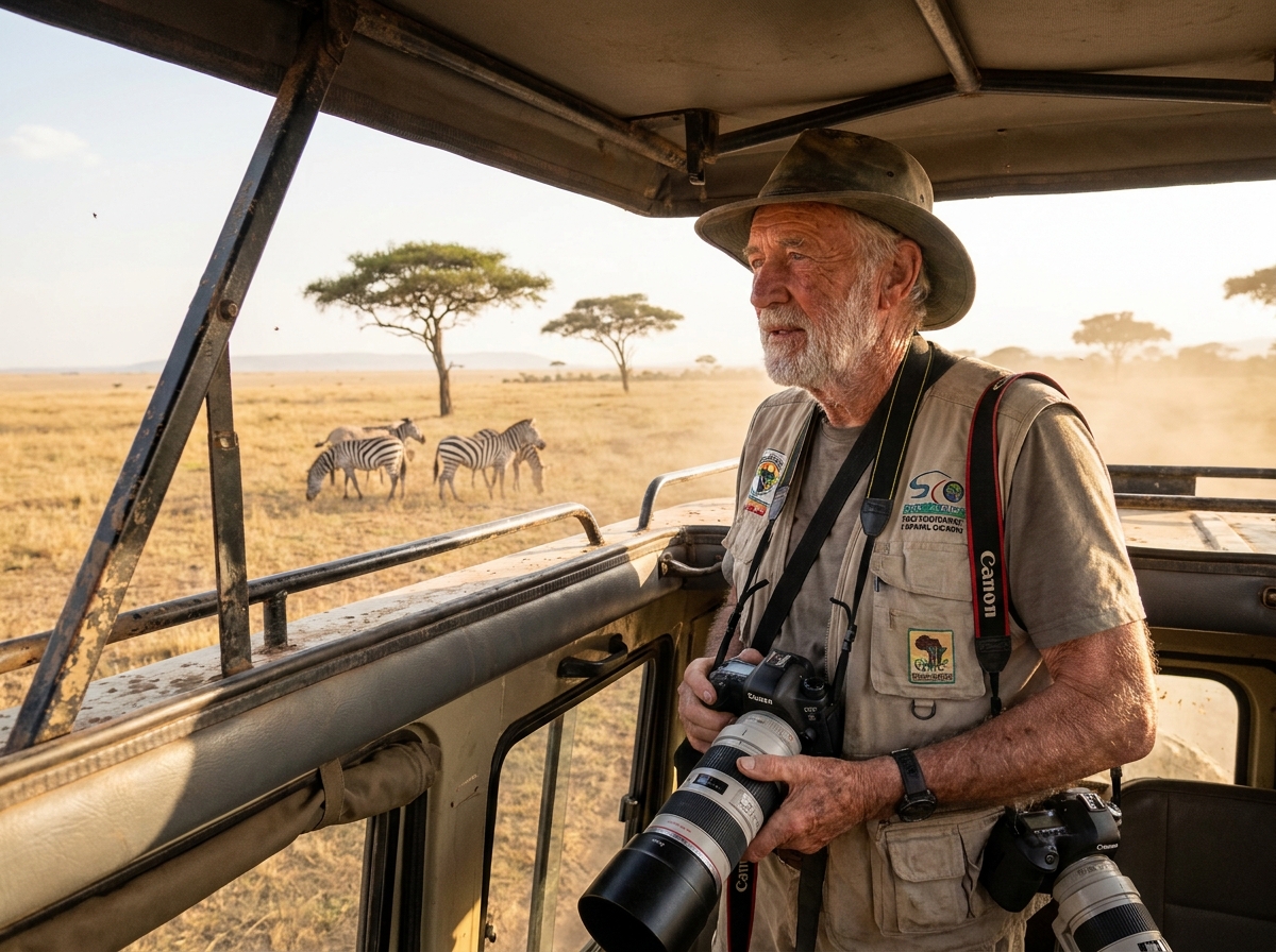 Photographe animalier expérimenté dans un véhicule safari en Afrique du Sud observant la faune sauvage
