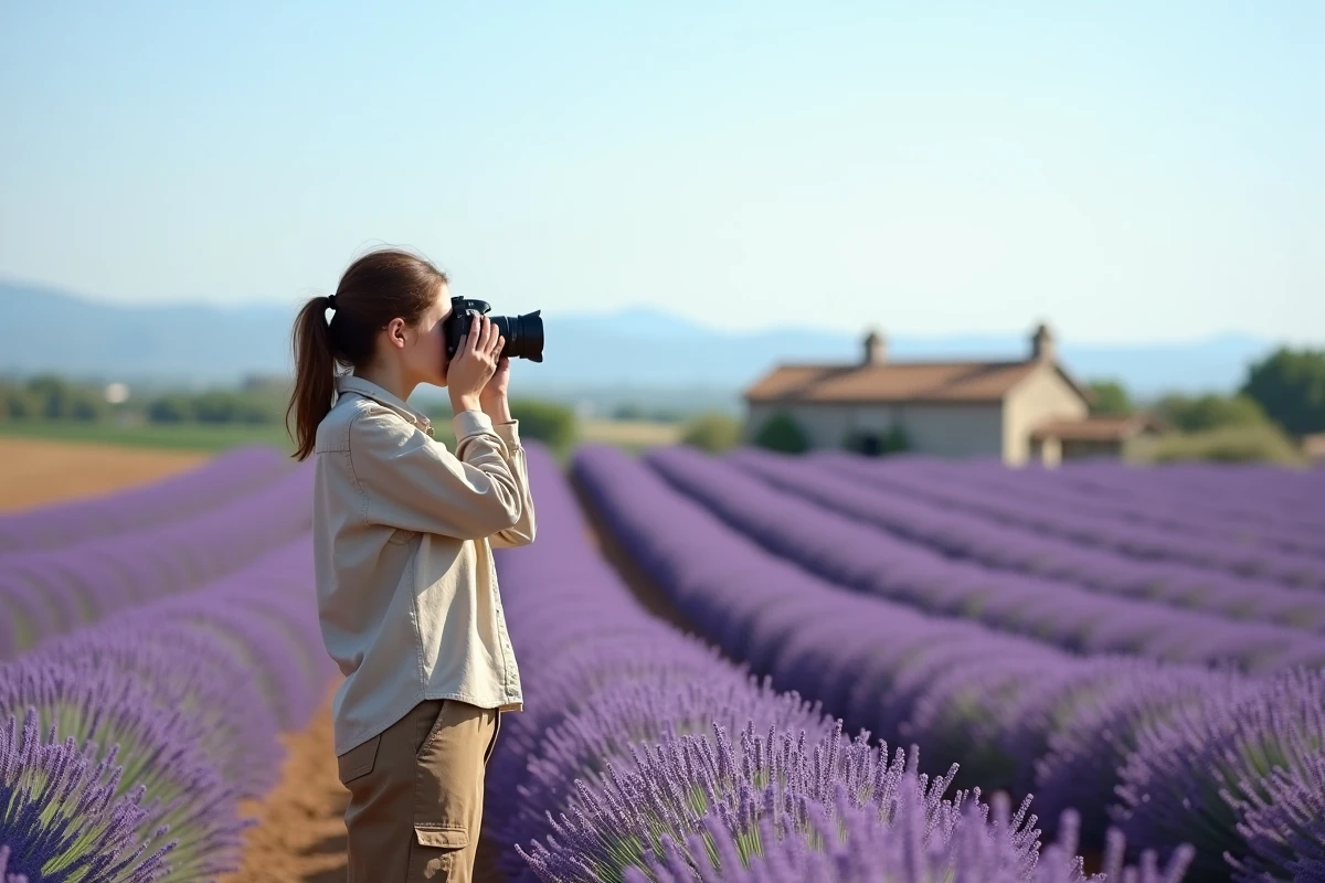 Photographe en plein soleil de midi dans un champ de lavande, illustrant l'erreur de ne pas adapter l'angle de prise de vue à la lumière directe et dure