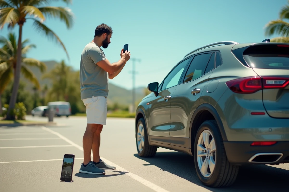Homme filmant et photographiant une voiture de location avec son smartphone pour documenter son état avant départ à La Réunion