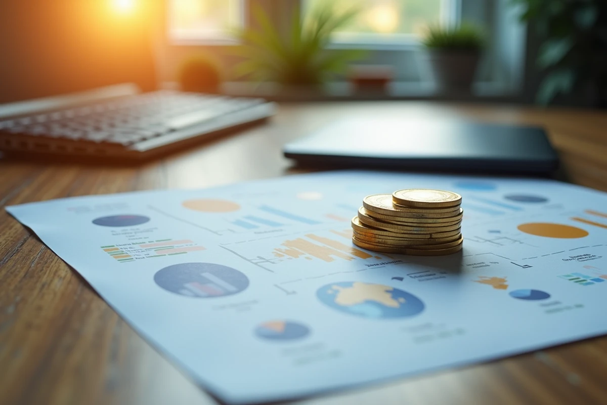 Composition de pièces de cryptomonnaie et documents blockchain sur bureau en bois avec clavier